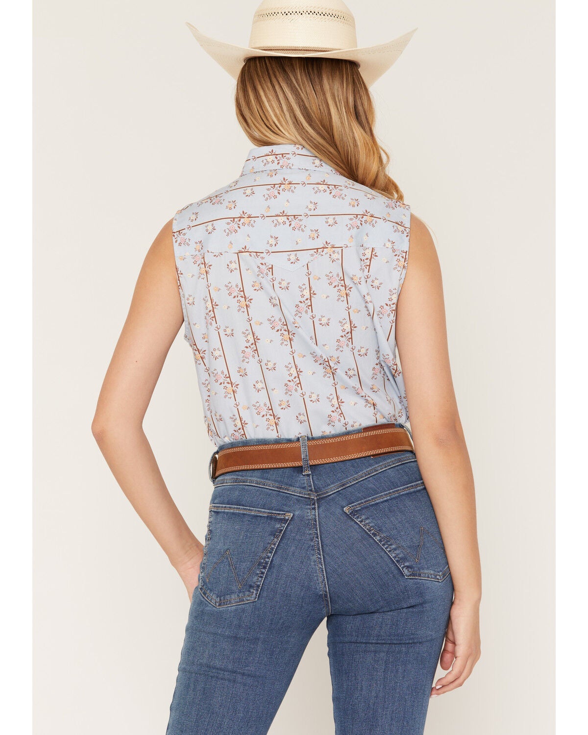 Image #4 - Ely Walker Women's Boot Barn Exclusive Floral Horseshoe Print Sleeveless Pearl Snap Western Shirt, Blue, hi-res