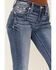 Image #4 - Miss Me Women's Medium Wash Mid Rise Fleur de Lis Pocket 34" Bootcut Stretch Denim Jeans, Medium Wash, hi-res