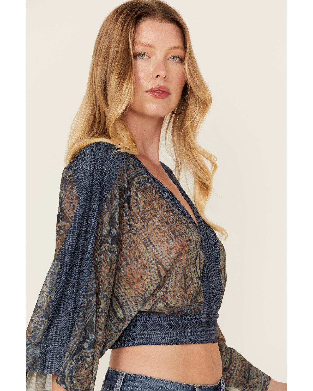 Product Name:  Beyond The Radar Women's Paisley Print Mesh Long Sleeve Top