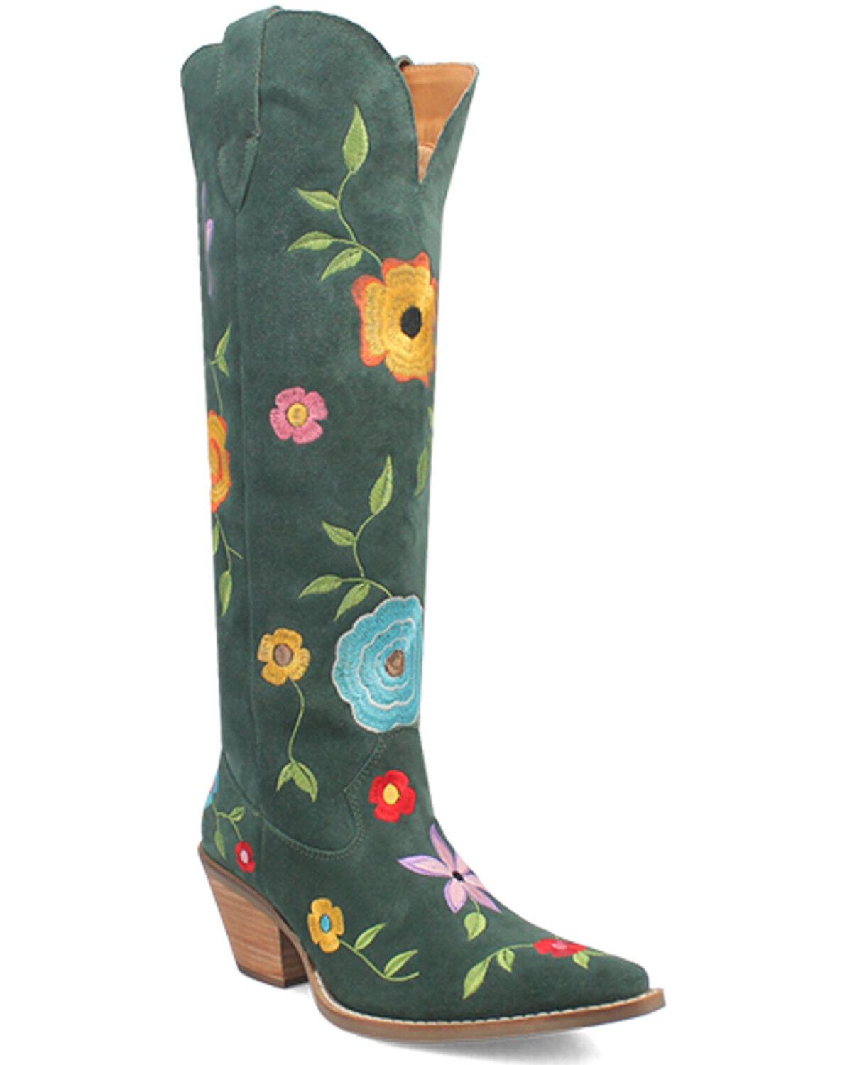 Image #1 - Dingo Women's Flower Power Suede Tall Western Boots - Snip Toe, Green, hi-res