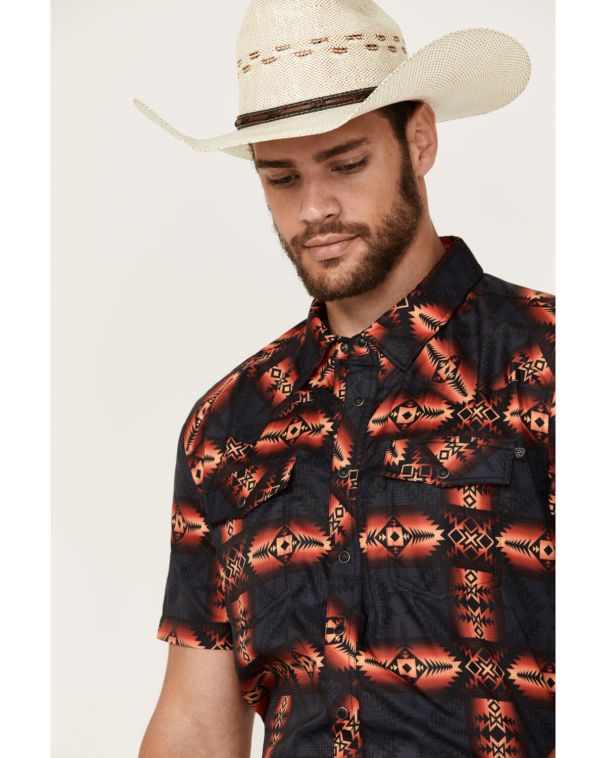 Image #2 - Rock & Roll Denim Men's Tek Southwestern Print Short Sleeve Snap Western Shirt, Orange, hi-res