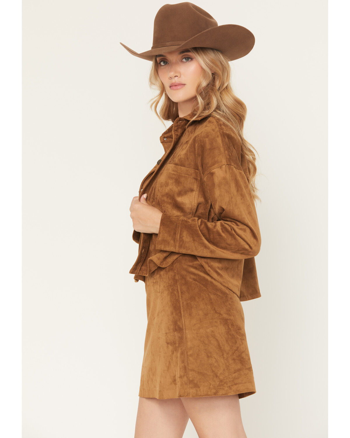 Image #2 - White Crow Women's All Day Faux Suede Cropped Button-Down Shirt, Brown, hi-res