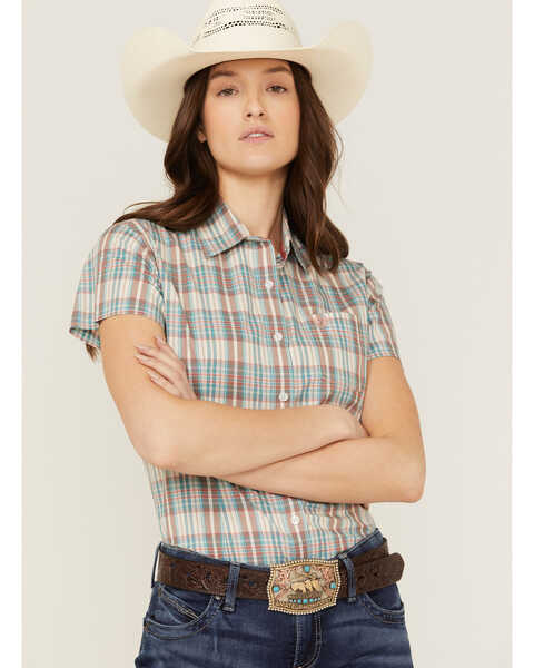 Panhandle Women's Dobby Plaid Print Short Sleeve Button Down Western Shirt, Natural, hi-res