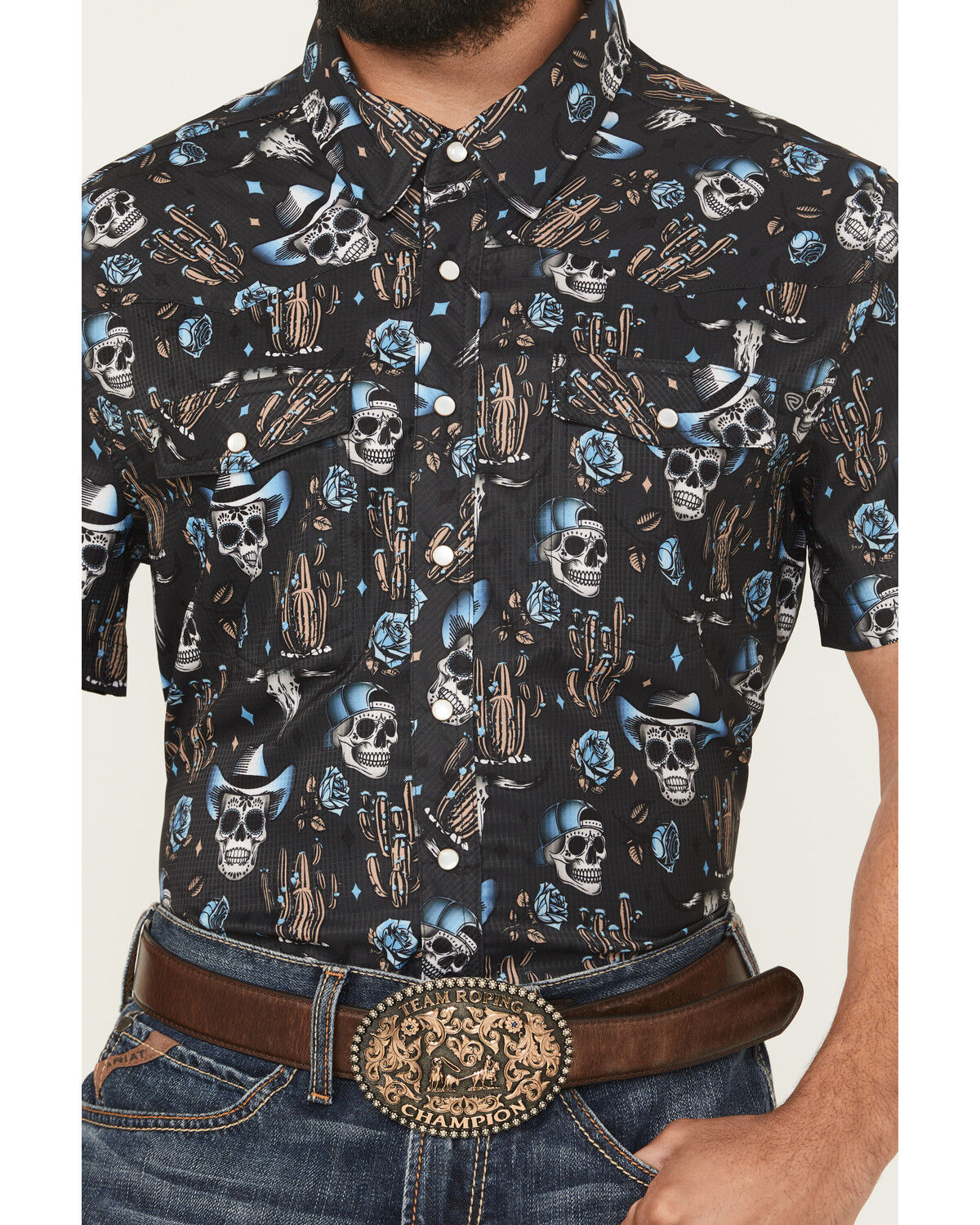Image #3 - Rock & Roll Denim Men's TEK Skull Print Short Sleeve Snap Western Shirt, Charcoal, hi-res