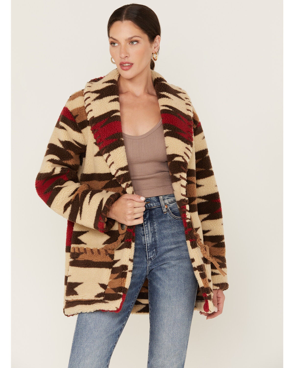 Tasha Polizzi Women's Stable Southwestern Print Sherpa Jacket, Ivory, hi-res