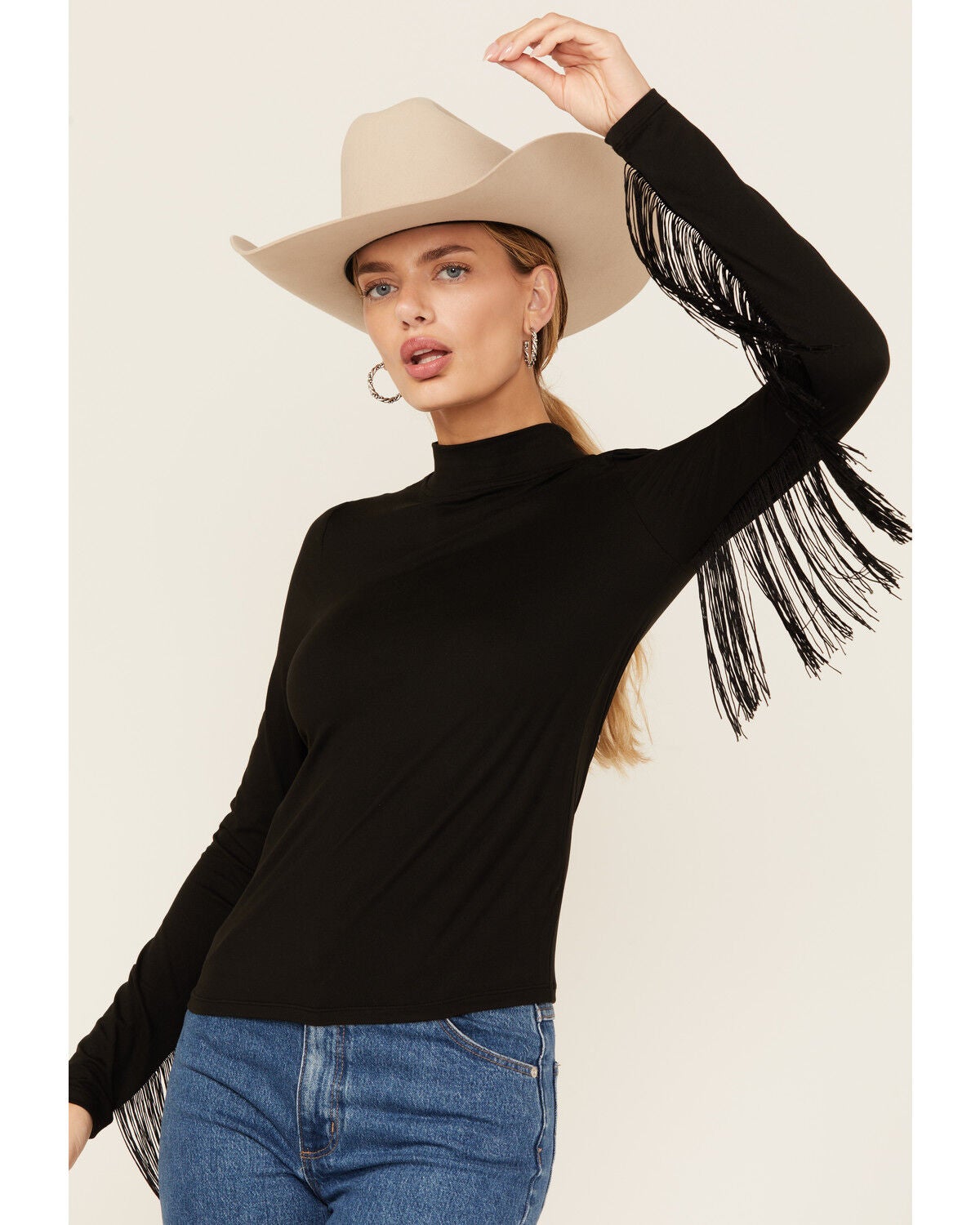 Rock & Roll Denim Women's Solid Fringe Long Sleeve Shirt, Black, hi-res