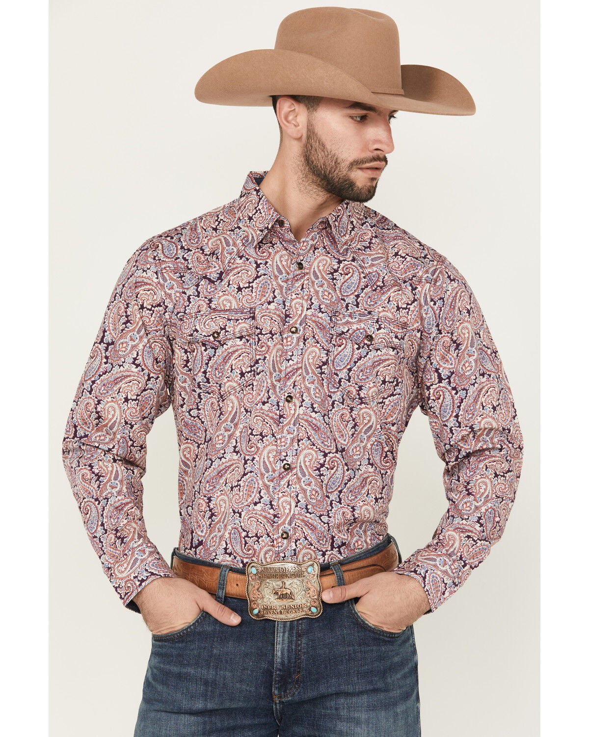 Moonshine Spirit Men's Opre Paisley Print Long Sleeve Snap Western Shirt, Purple, hi-res