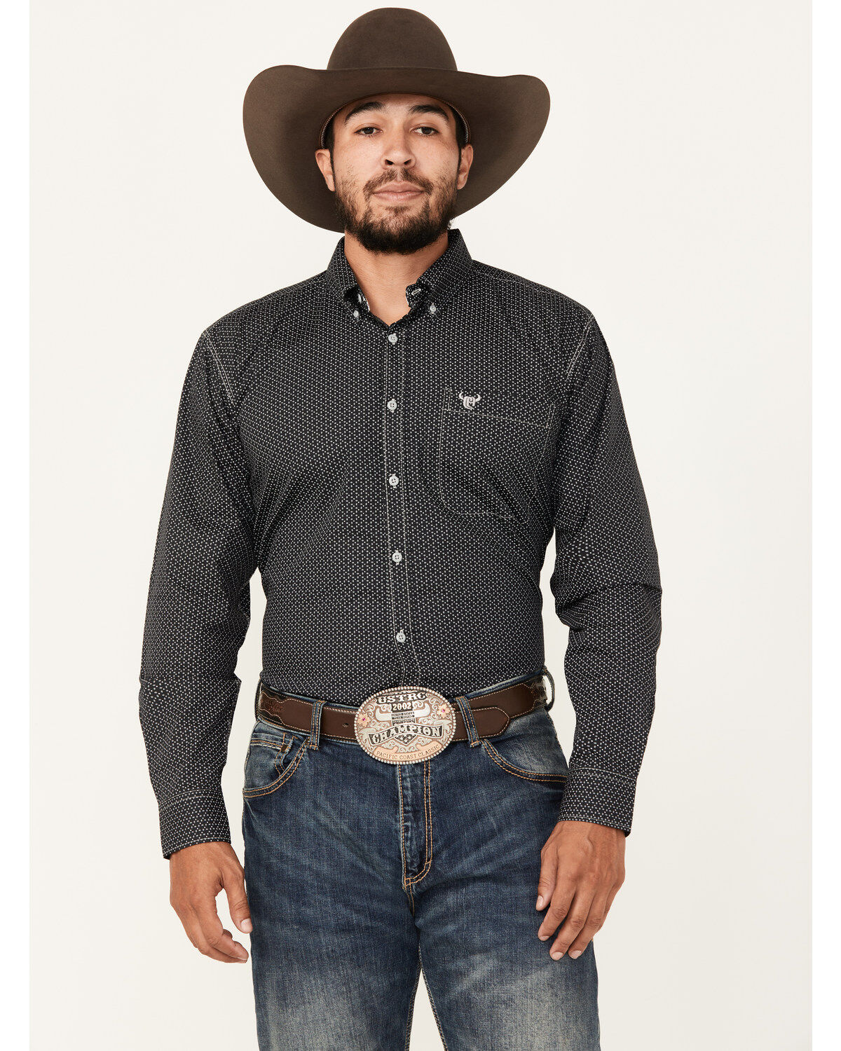 Image #1 - Cowboy Hardware Men's Geo Print Long Sleeve Button-Down Western Shirt, Black, hi-res