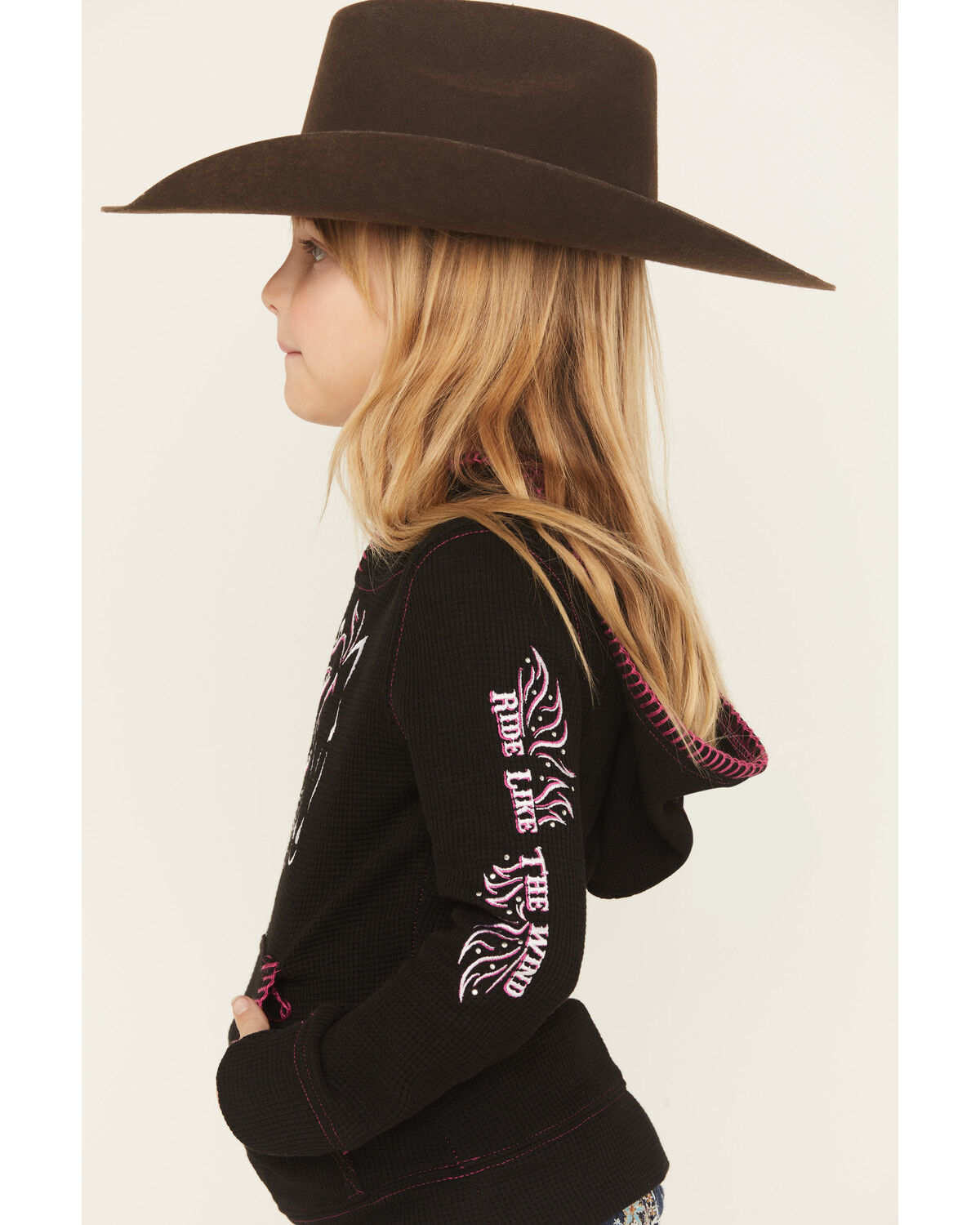 Image #2 - Cowgirl Hardware Girls' Blaze Horse Thermal Hoodie, Black, hi-res