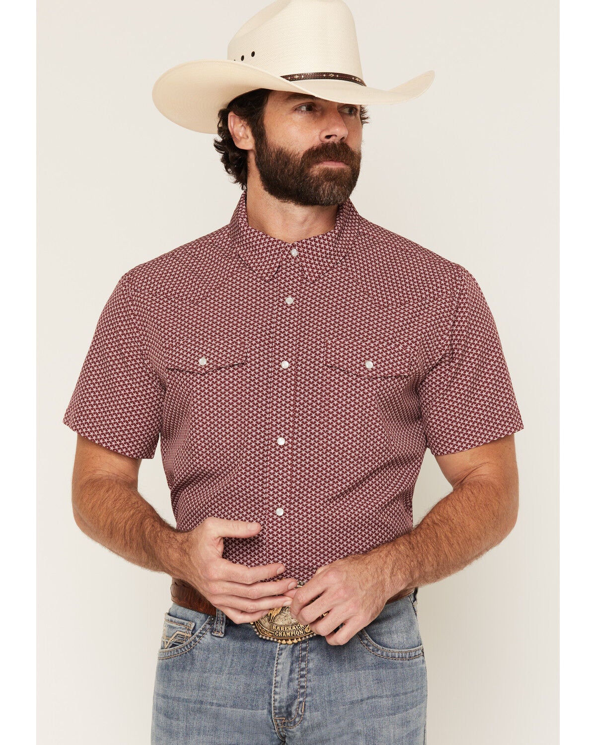 Panhandle Slim Men's Lone Star Print Short Sleeve Pearl Snap Performance Western Shirt, Wine, hi-res
