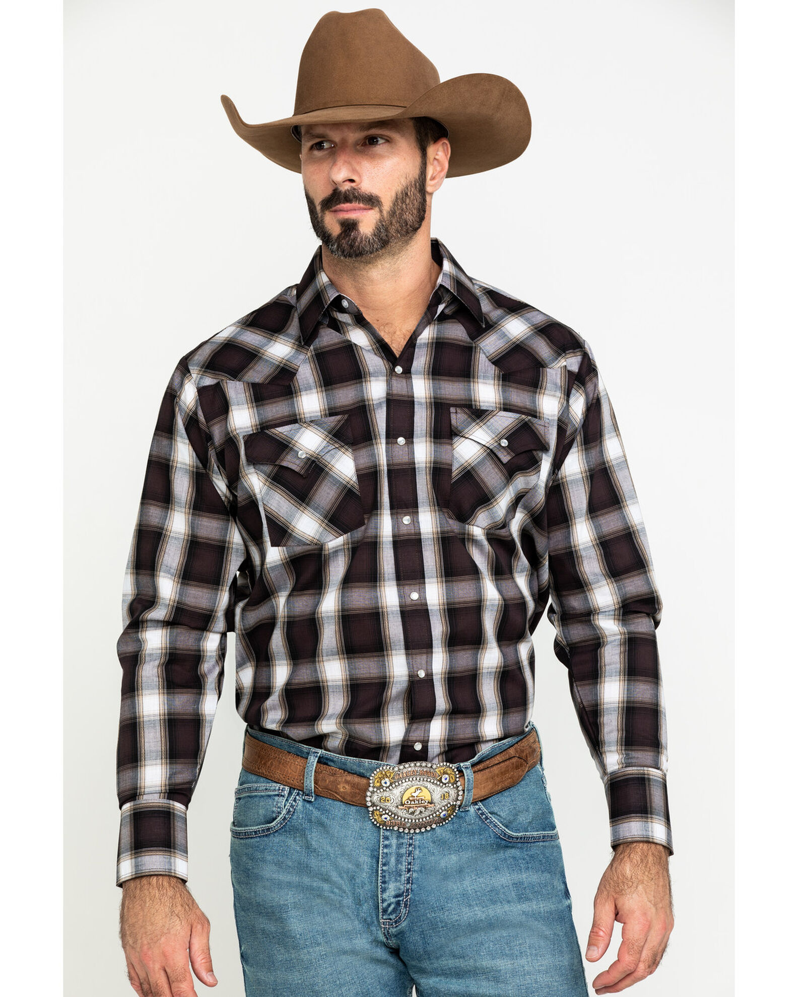 Ely Cattleman Men s Assorted Multi Dobby Large Plaid Long Sleeve Pearl Snap Western Shirt