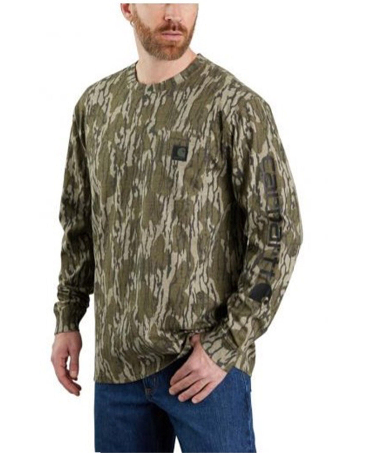 Image #1 - Carhartt Men's Loose Fit Heavyweight Long Sleeve Pocket Camo Logo Graphic T-Shirt, Moss Green, hi-res