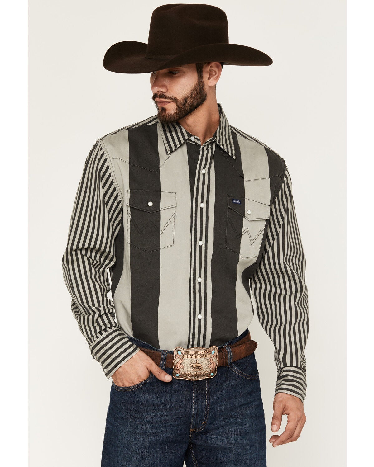 Wrangler Men's Vintage Brushpopper Striped Print Long Sleeve Snap Western Shirt, Grey, hi-res