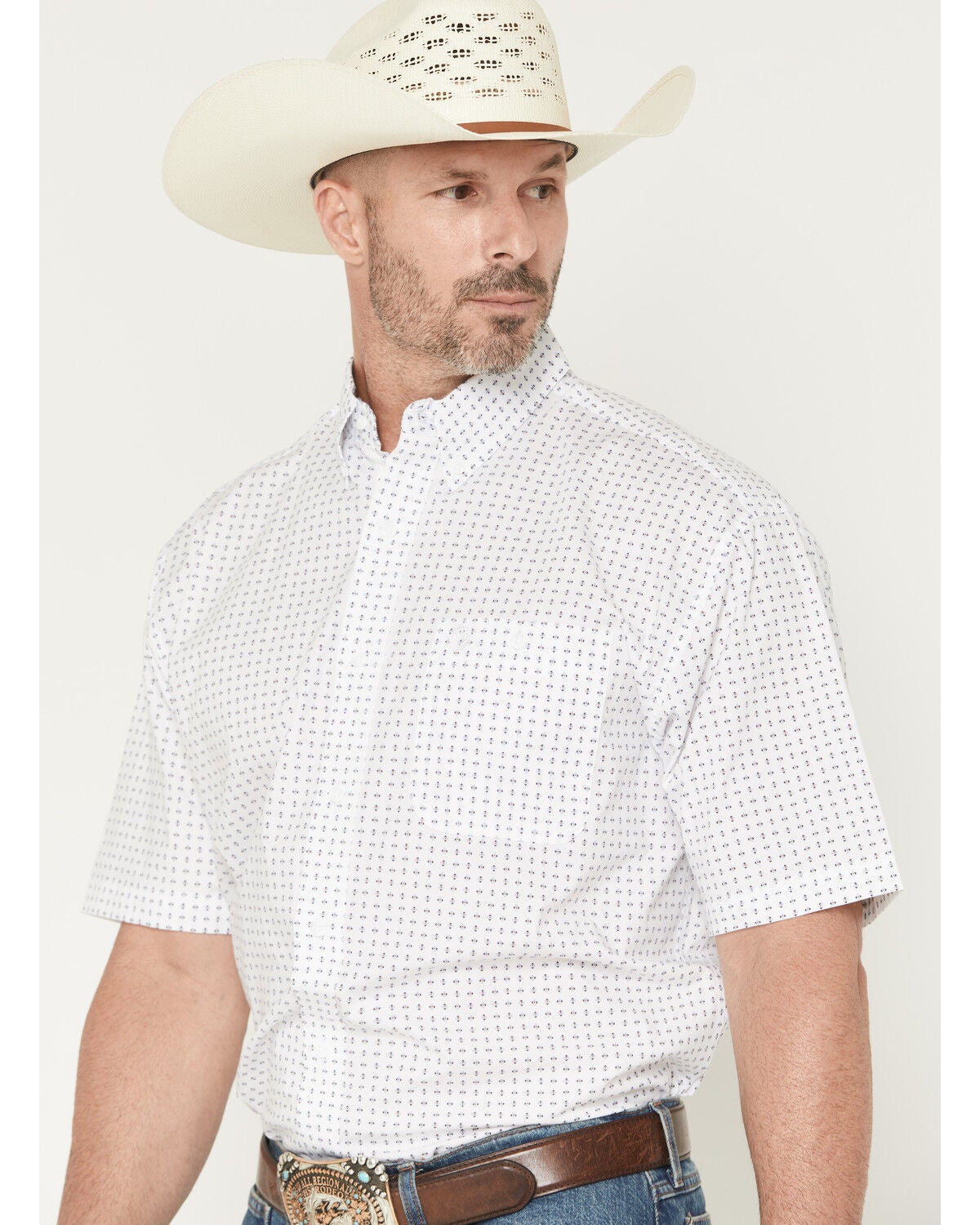 Image #2 - George Strait by Wrangler Men's Geo Print Short Sleeve Button-Down Stretch Western Shirt - Tall, White, hi-res