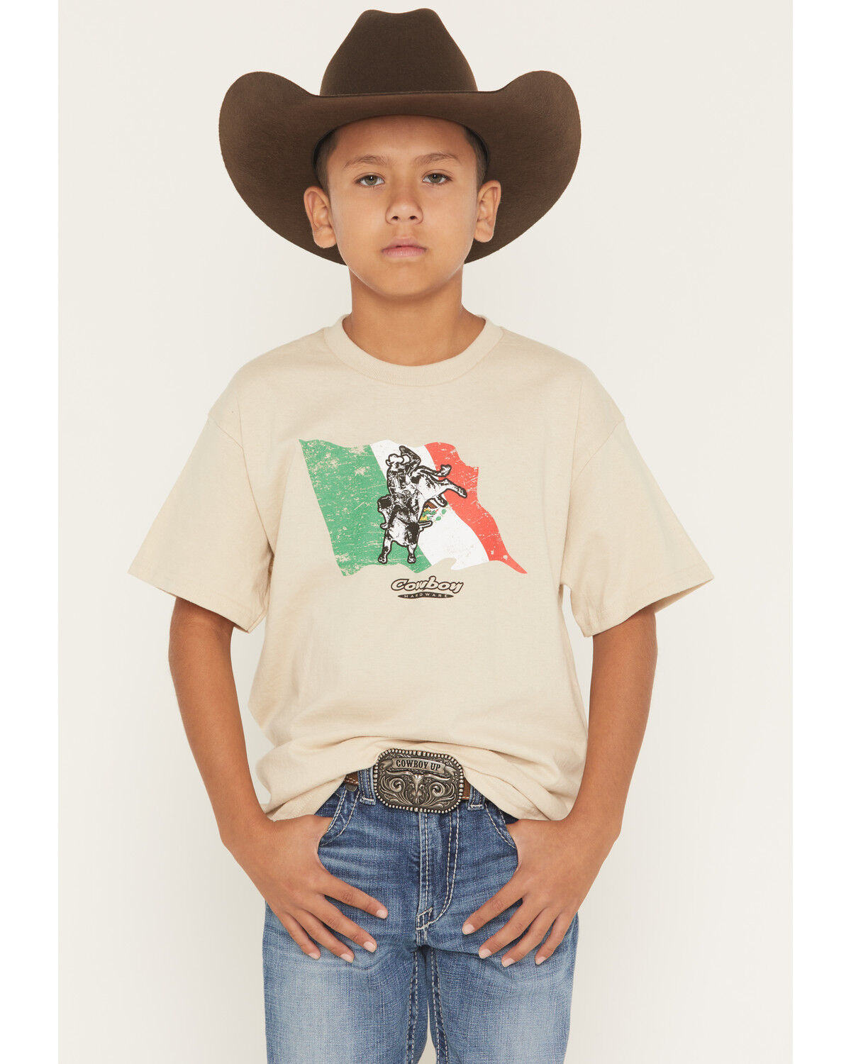 Image #1 - Cowboy Hardware Boys' Bullrider Mexican Flag Short Sleeve Graphic T-Shirt, Sand, hi-res