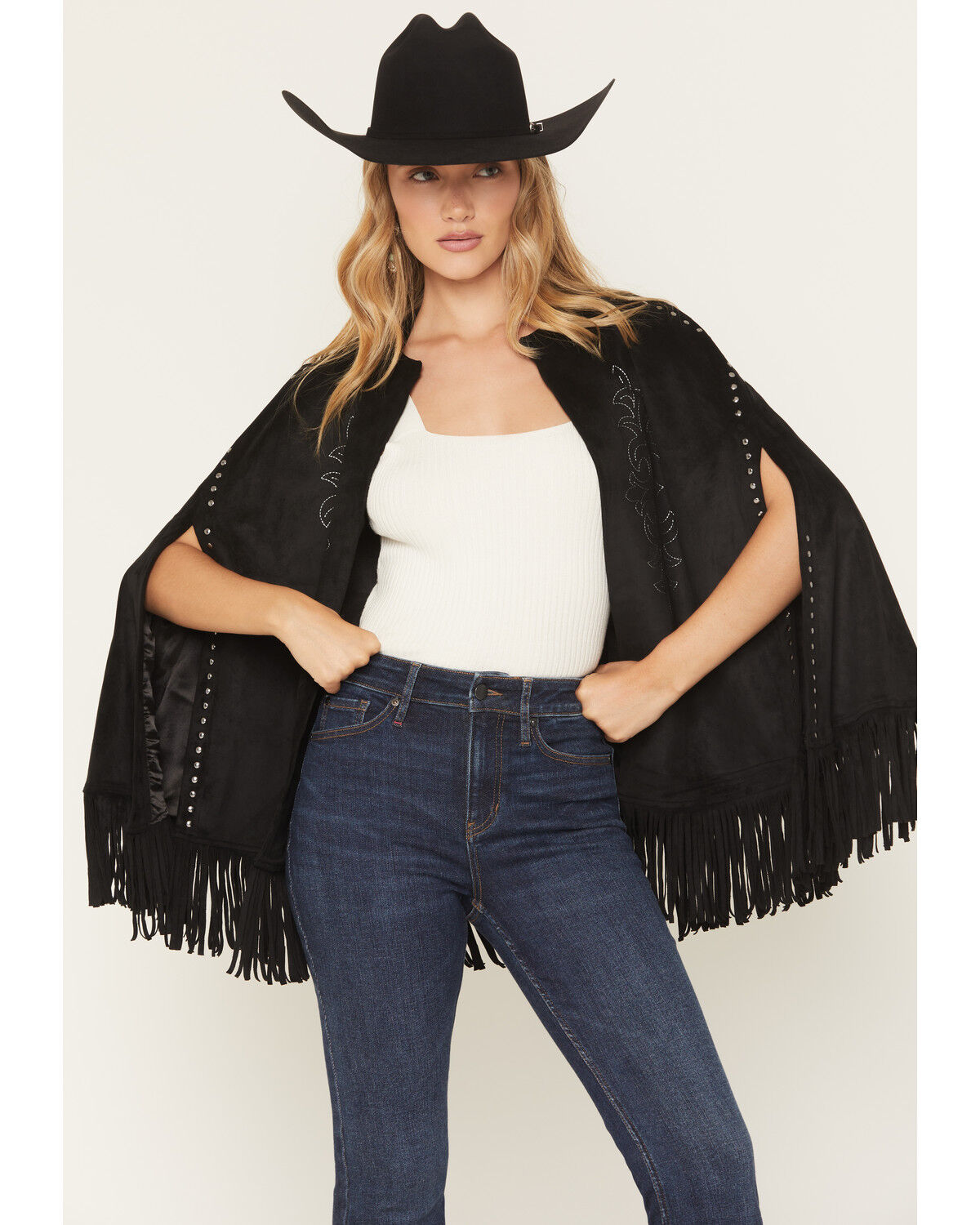 Image #1 - Rock & Roll Denim Women's Fringe Studded Faux Suede Embroidered Cap, Black, hi-res