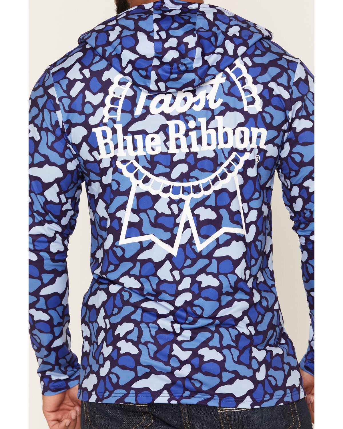 Image #4 - PBR Men's Camo Print Long Sleeve Hooded Shirt, Blue, hi-res