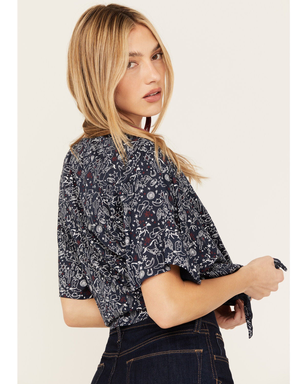 Image #4 - Ariat Women's Howdy Print Short Sleeve Tie Front Wrap, , hi-res
