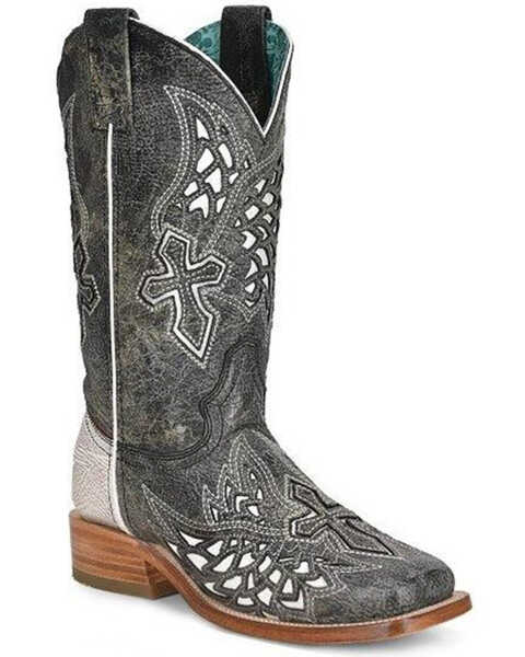 Corral Women's Inlay Western Boots - Broad Square Toe, Black/white, hi-res