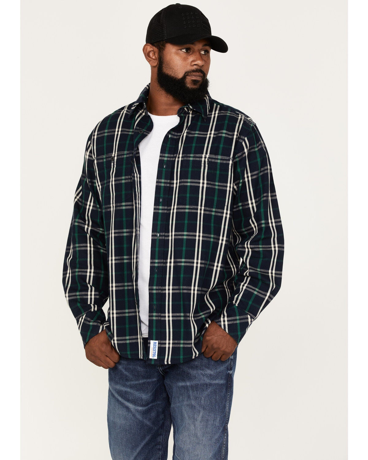 Resistol Men's Greeley Large Plaid Button Down Western Shirt, Navy, hi-res