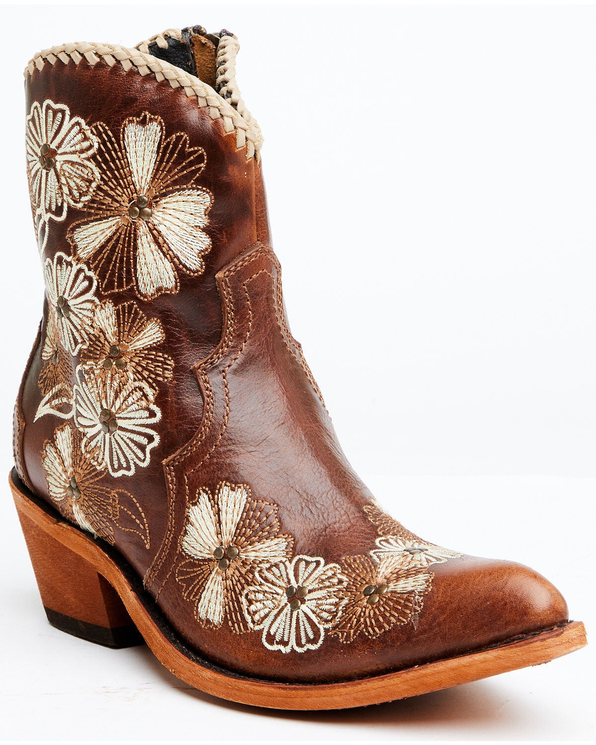 Liberty Black Women's Loren Floral Embroidered Western Fashion Booties - Round Toe, Brown, hi-res