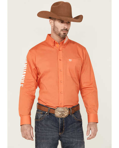 Panhandle Select Men's Logo Embroidered Long Sleeve Button-Down Western Shirt , Orange, hi-res