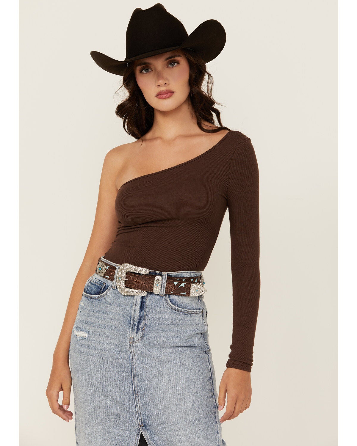 Shyanne Women's Underlay Concho Studded Tooled Belt, Brown, hi-res