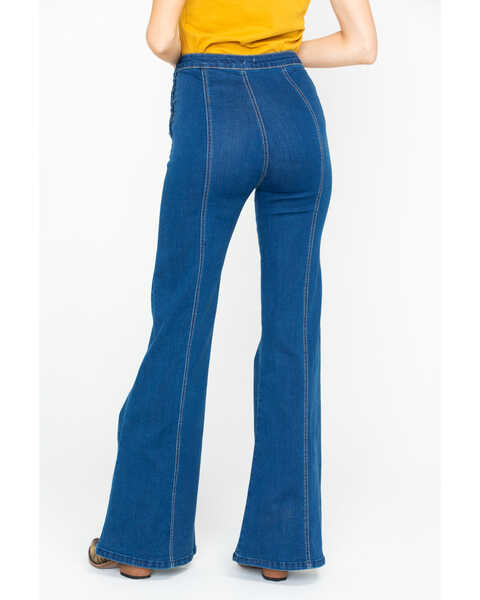 Flying Tomato Women's Button Side Dark Denim Flare Trouser Jeans, , hi-res