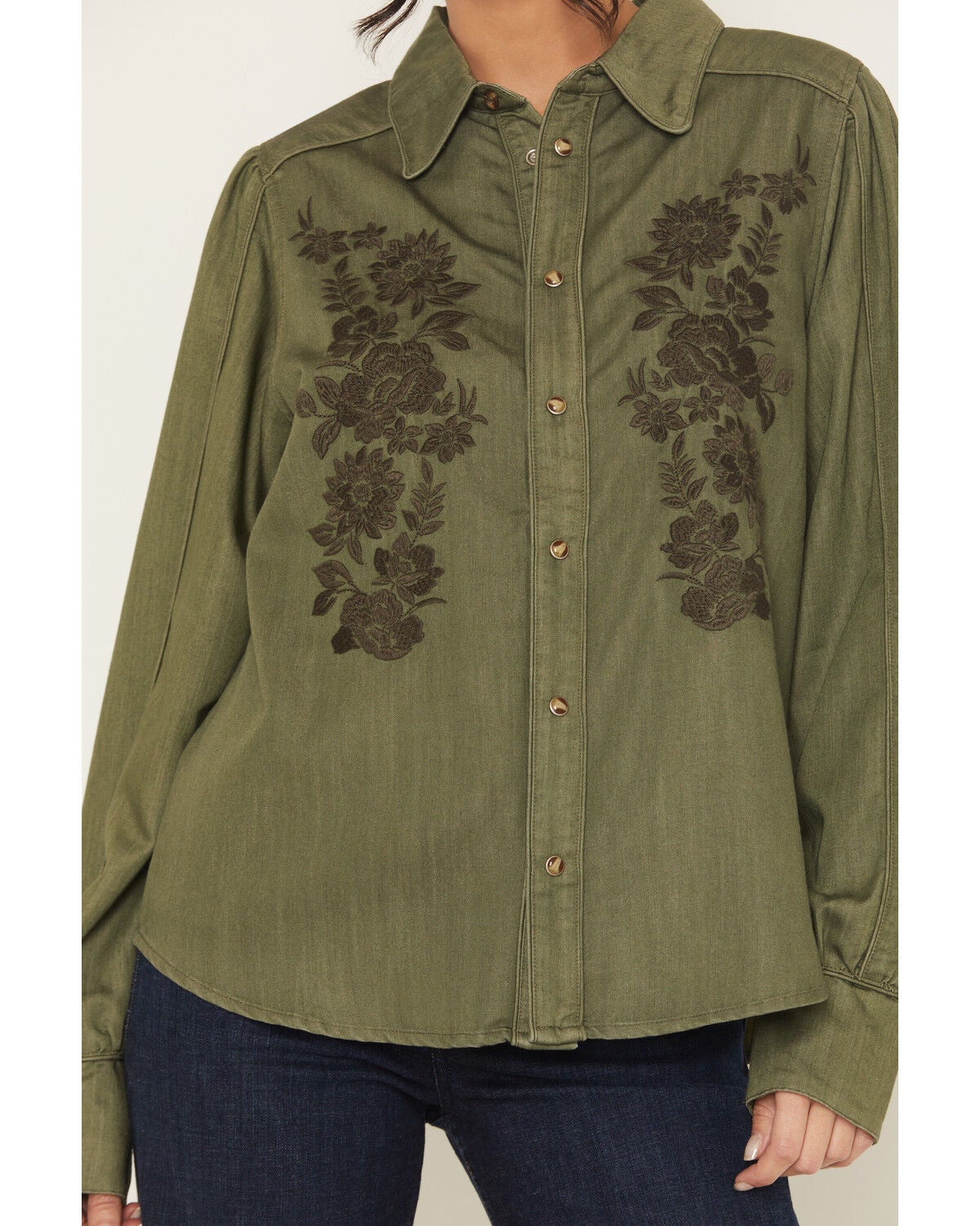 Image #3 - Kimes Ranch Women's Mae Floral Embroidered Long Sleeve Snap Relaxed Fit Western Shirt, Olive, hi-res