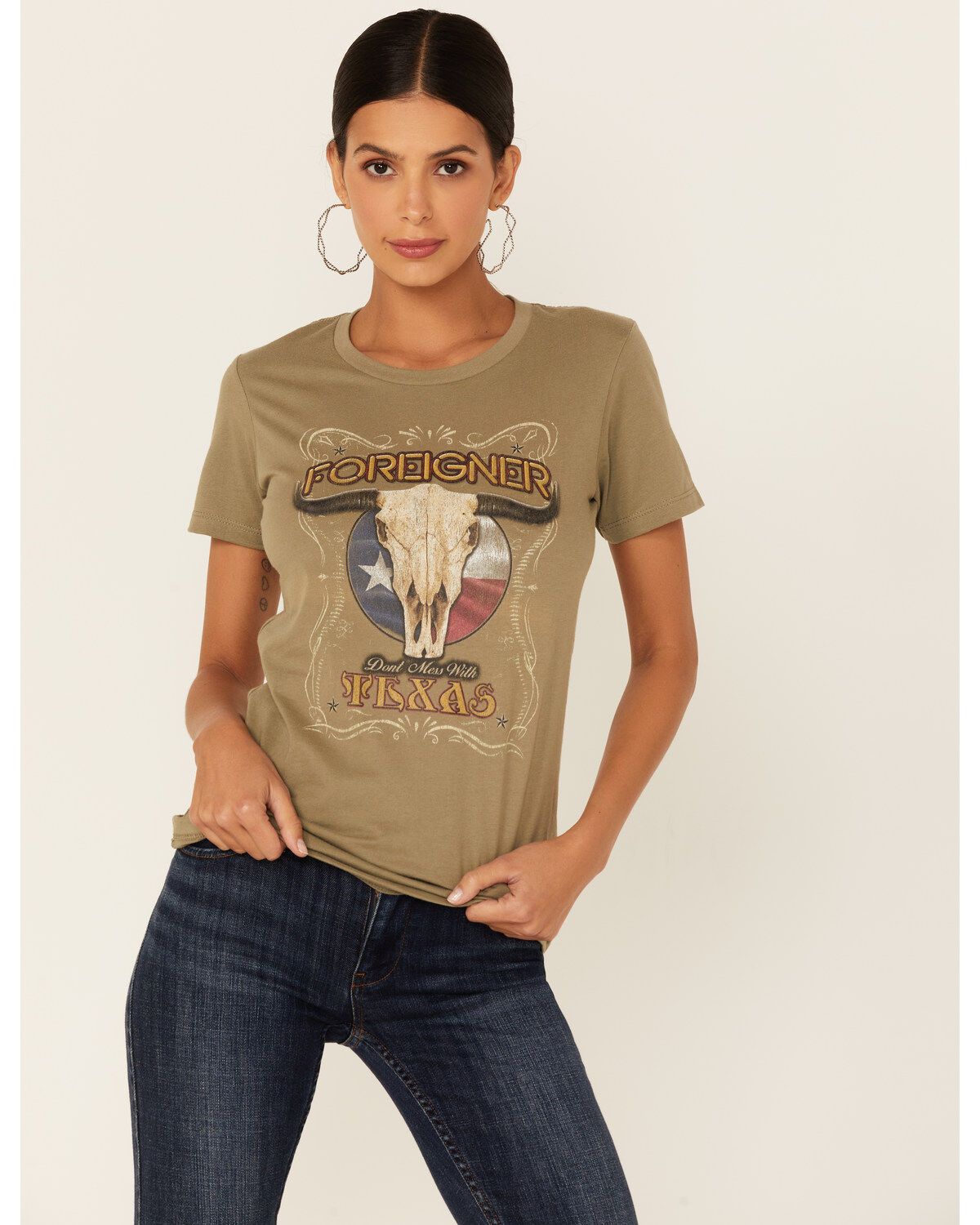 Image #1 - Southern Sierra Women's Don't Mess With Texas Graphic Short Sleeve Tee, Olive, hi-res