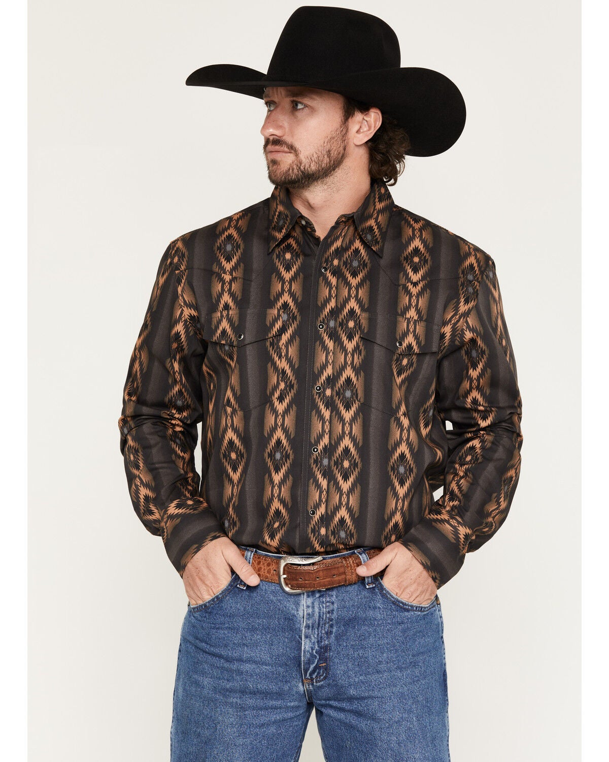 Wrangler Men's Checotah Southwestern Print Long Sleeve Snap Western Shirt, Black, hi-res
