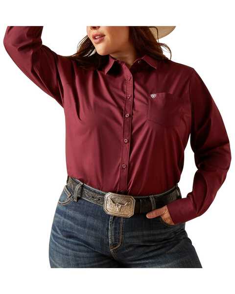 Ariat Women's R.E.A.L Kirby Long Sleeve Button-Down Stretch Western Shirt - Plus , Burgundy, hi-res