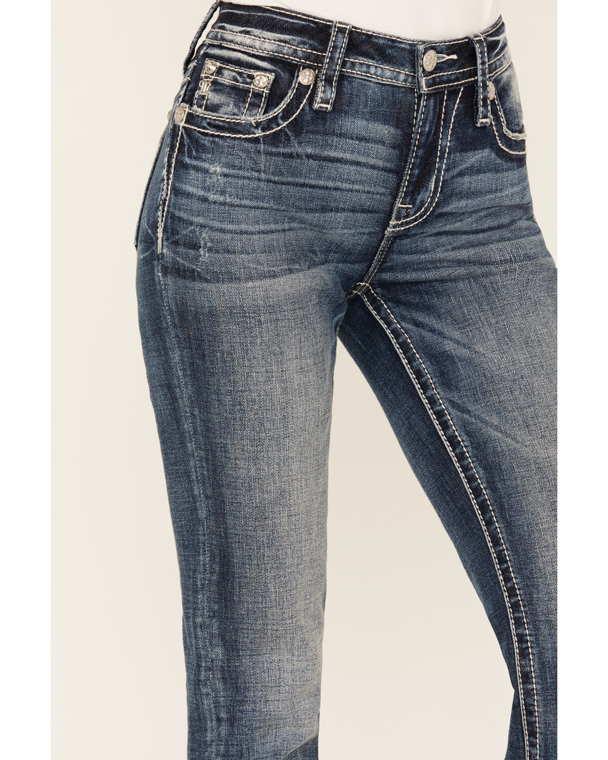 Product Name:  Miss Me Women's Dark Wash Mid Rise Floral Pocket Slim Bootcut Stretch Denim Jeans
