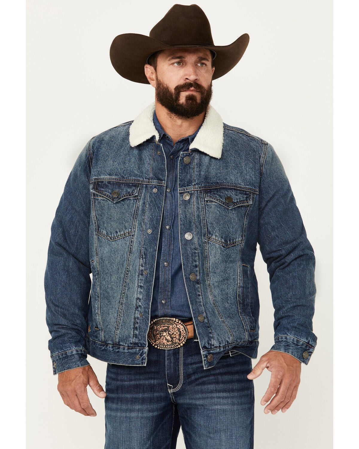 Cody James Men's Medium Wash Snap Sherpa Denim Jacket, Medium Wash, hi-res