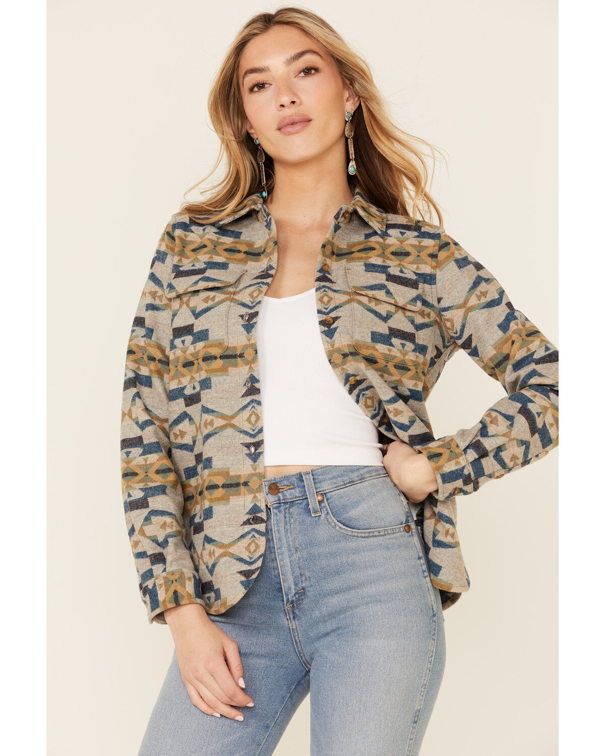 Image #1 - Pendleton Women's Tan Jacquard Board Plaid Long Sleeve Button Shirt Jacket, , hi-res