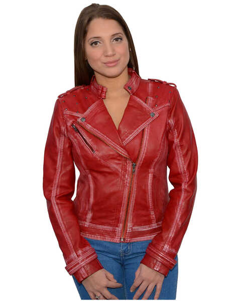 Milwaukee Leather Women's Studded Sheepskin Asymmetrical Moto Jacket - 3X, Red, hi-res