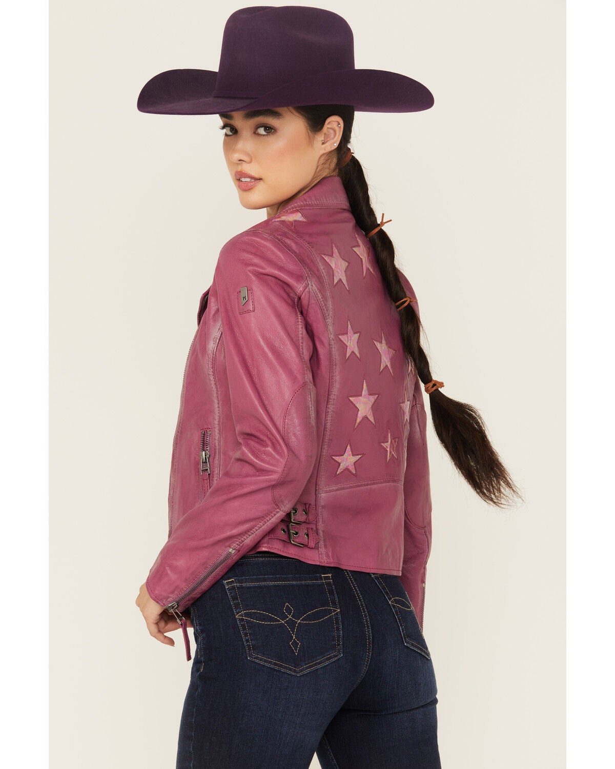 Mauritius Leather Women's Christy Star Zip-Front Moto Leather Jacket, Pink, hi-res