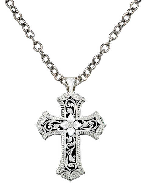 Image #1 - Montana Silversmiths Antiqued Scalloped Cross Necklace, Silver, hi-res