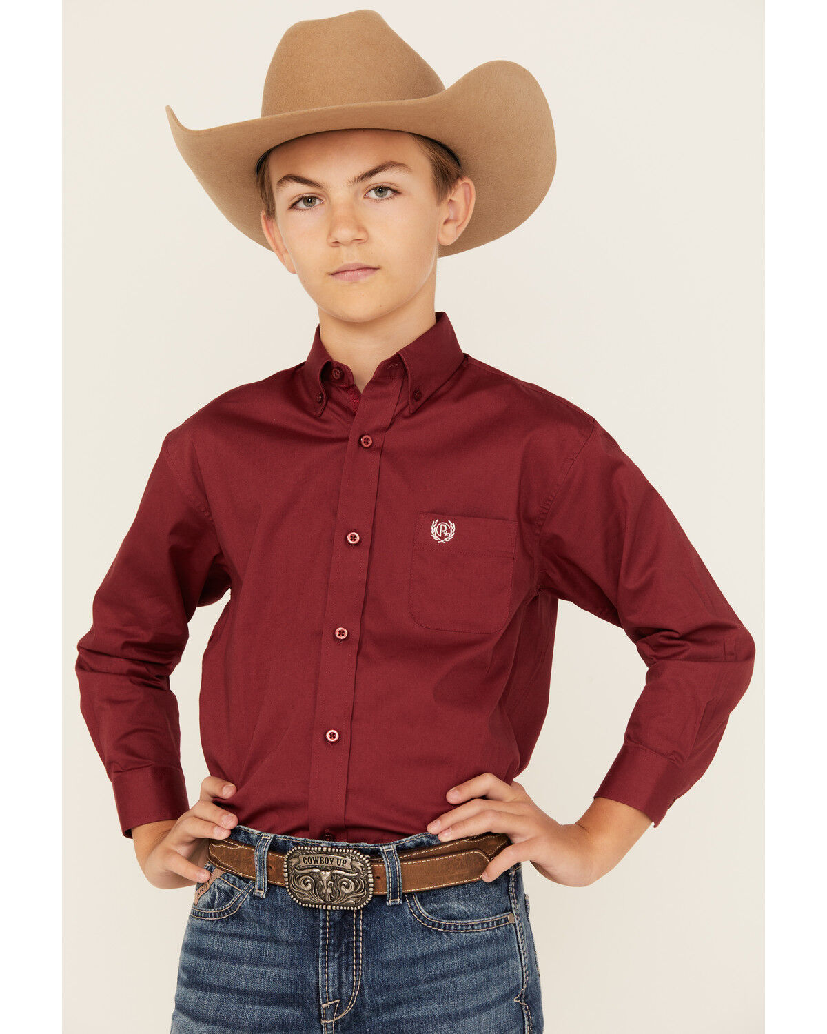 Image #1 - Panhandle Select Boys' Solid Long Sleeve Button-Down Stretch Western Shirt, Burgundy, hi-res