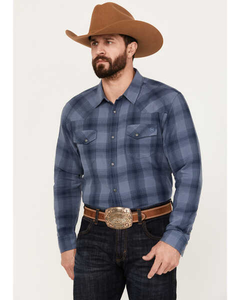 Blue Ranchwear Men's Lander Plaid Print Long Sleeve Western Snap Shirt, Blue, hi-res