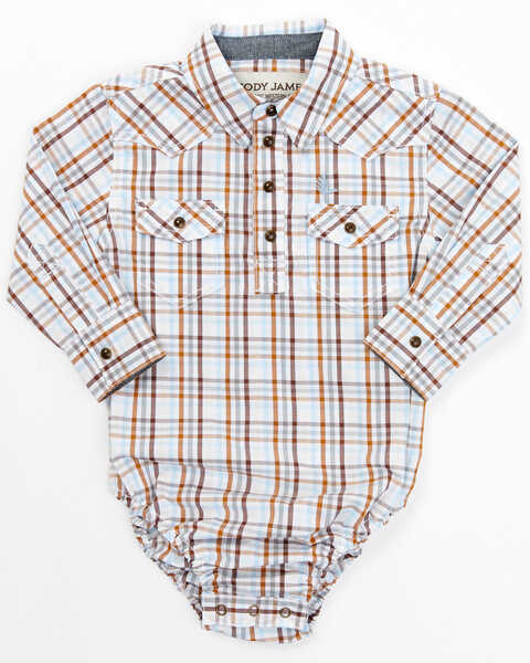 Cody James Infant Boys' Plaid Print Long Sleeve Western Snap Onesie, Brown/blue, hi-res