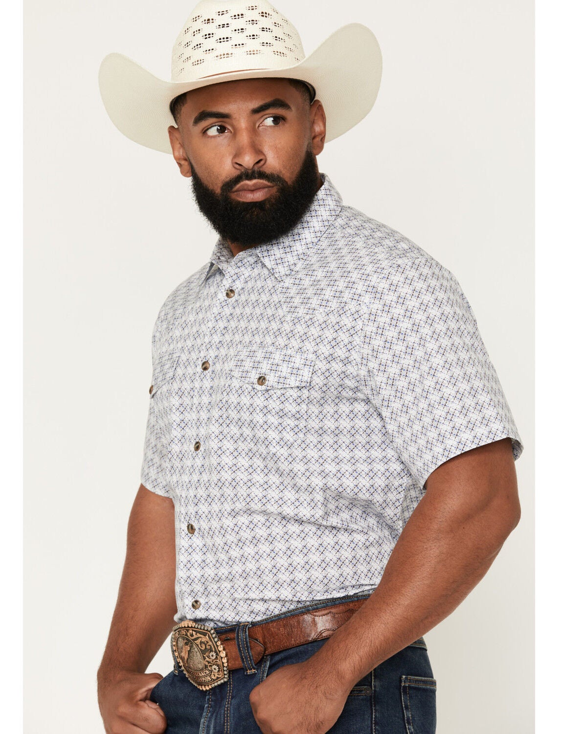 Image #2 - Gibson Trading Co Men's Vibe Check Geo Print Short Sleeve Snap Western Shirt - Big, White, hi-res
