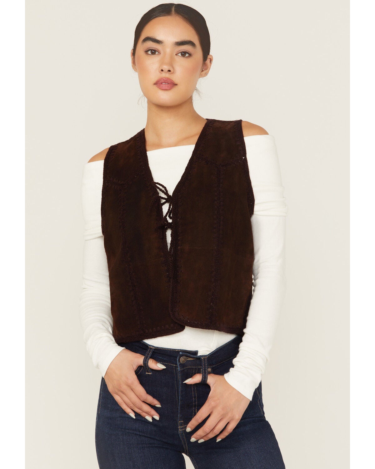 Shyanne Women's Suede Tie Front Knit Fashion Vest, Chocolate, hi-res