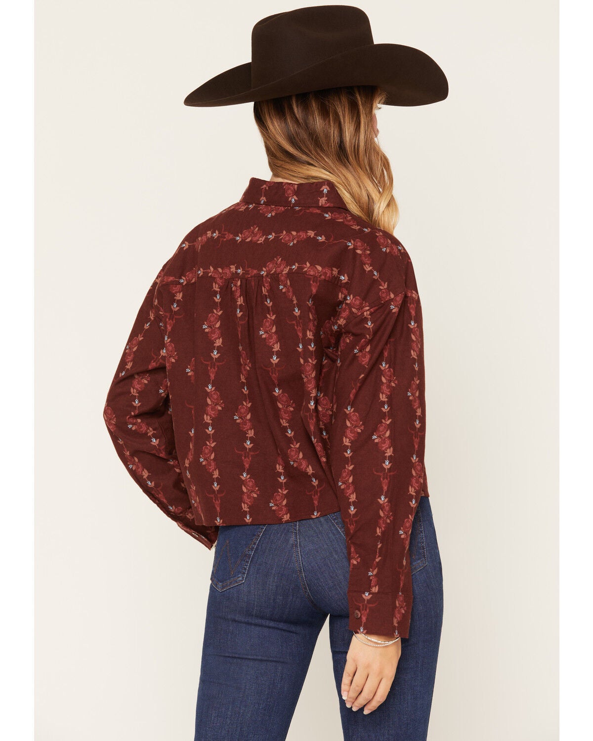 Image #4 - Ely Walker Women's Boot Barn Exclusive Floral Striped Long Sleeve Cropped Flannel Shirt, Burgundy, hi-res