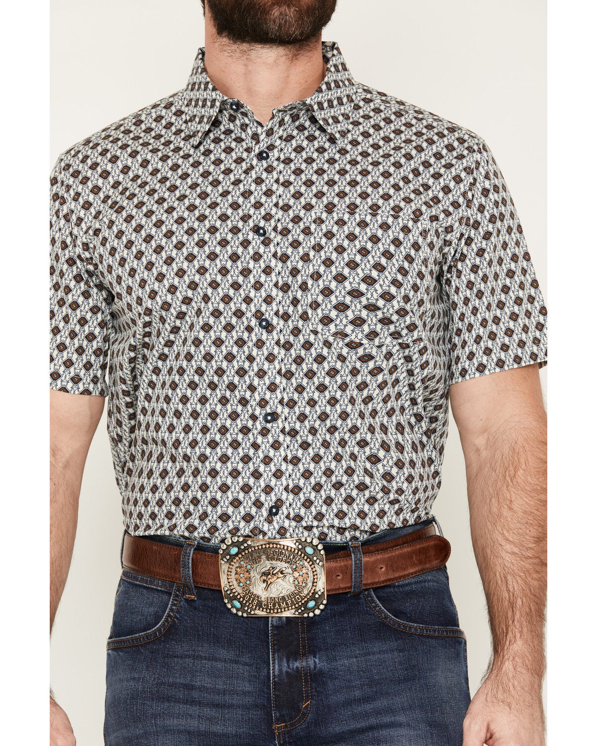 Image #3 - Gibson Trading Co Men's Old Time Geo Print Short Sleeve Button-Down Western Shirt, Ivory, hi-res