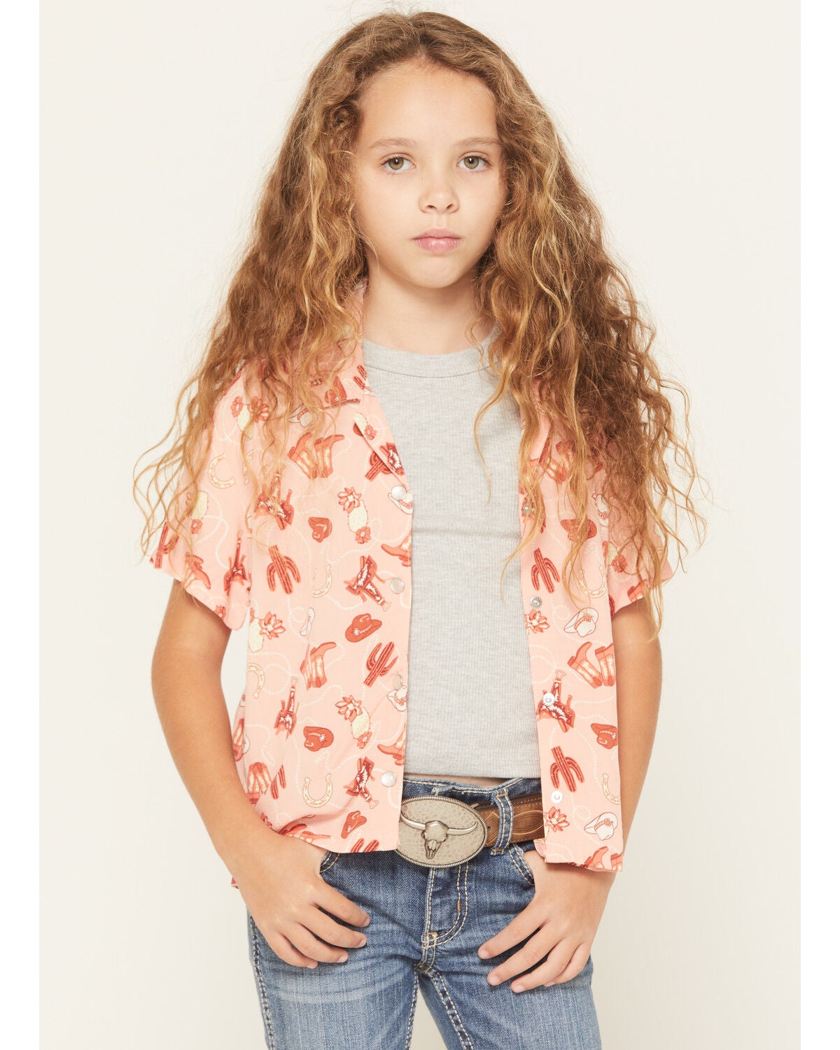 Wrangler Girls' Conversation Print Short Sleeve Snap Western Shirt, Pink, hi-res
