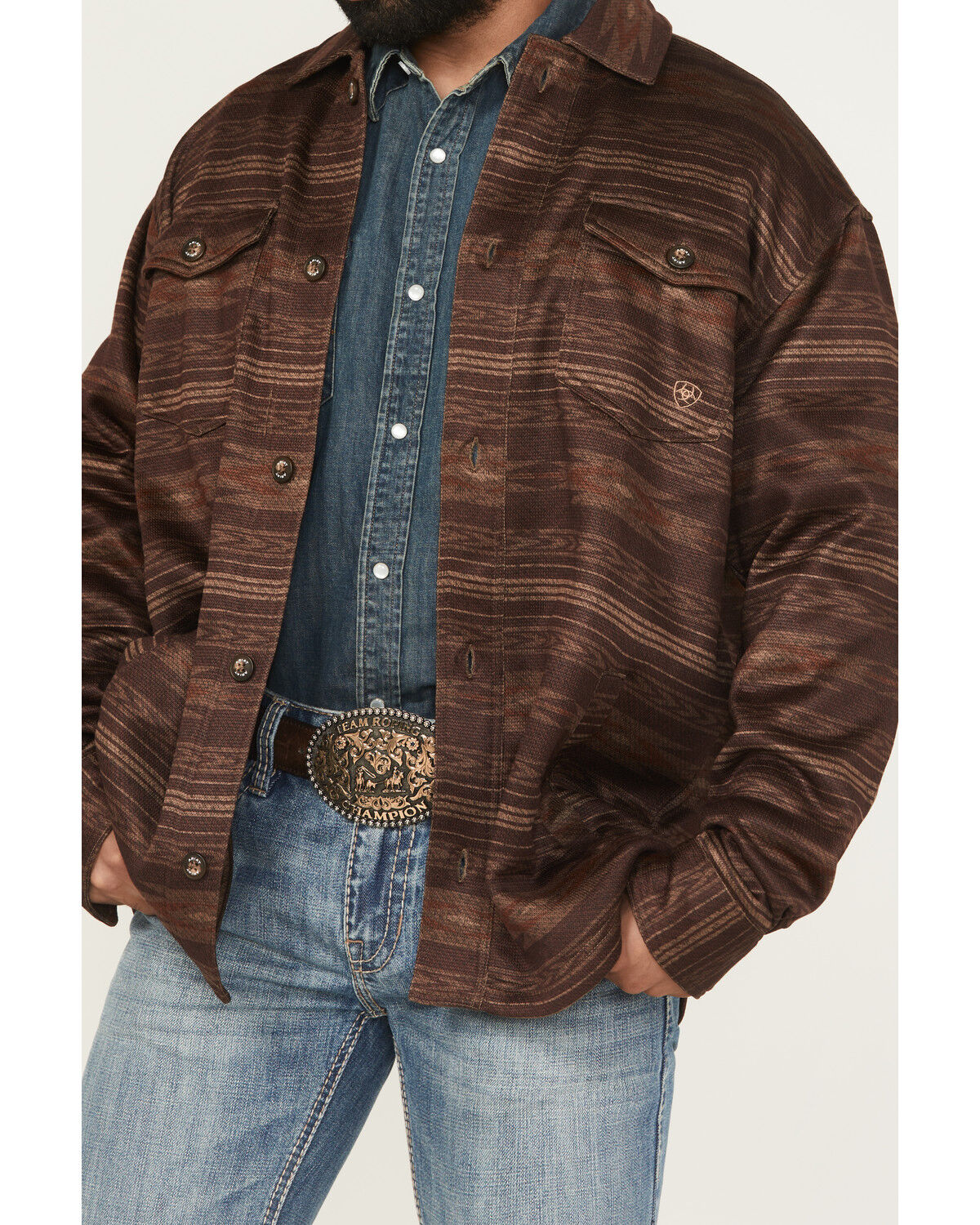 Image #3 - Ariat Men's Caldwell Southwestern Serape Stripe Print Long Sleeve Button-Down Shirt Jacket, Maroon, hi-res