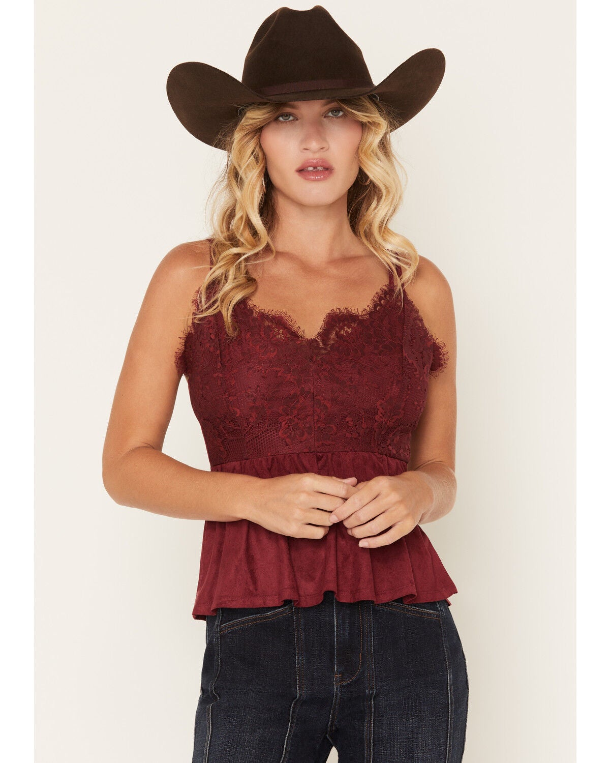 Shyanne Women's Stella Faux Suede Crochet Lace Tank, Maroon, hi-res