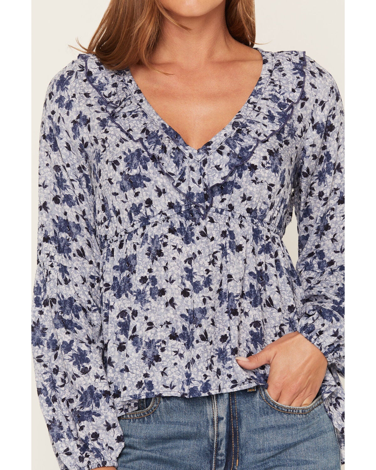 Image #3 - Wild Moss Women's Floral Print Ruffle Long Sleeve Top, Navy, hi-res