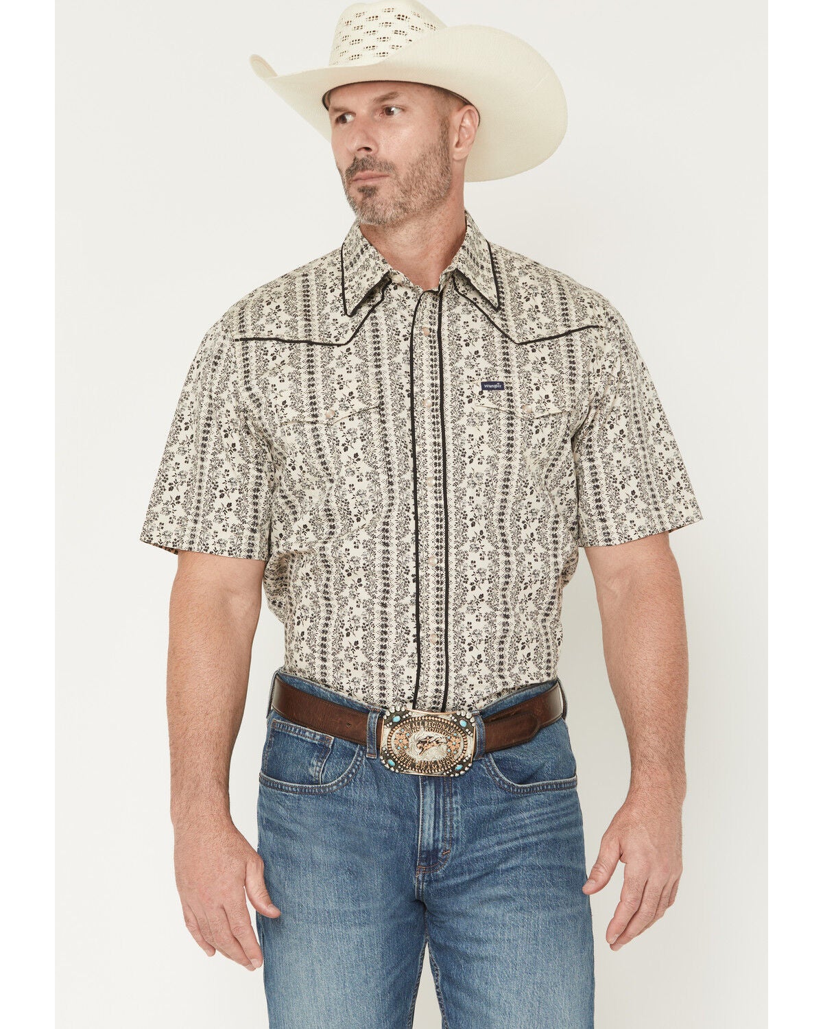 Image #1 - Wrangler Men's Vintage Brushpopper Floral Striped Print Short Sleeve Snap Western Shirt, Cream, hi-res